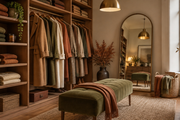 Dressing luminos cu rafturi de tricoturi în nuanțe pământii, bancă din catifea, oglindă arcuită și lampă caldă