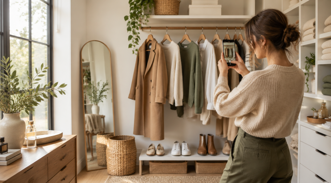 Femeie într-un dressing luminos, care fotografiază o ținută cu telefonul pentru garderoba digitală