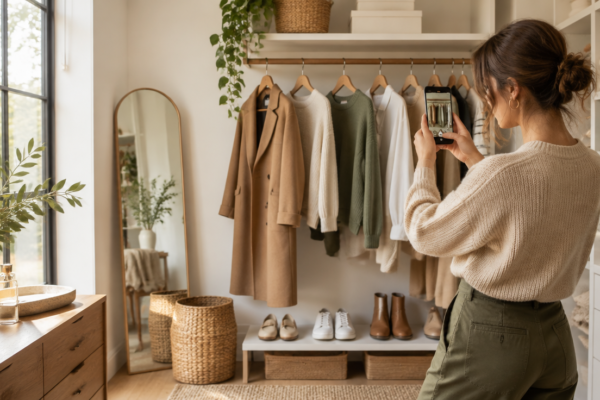 Femeie într-un dressing luminos, care fotografiază o ținută cu telefonul pentru garderoba digitală