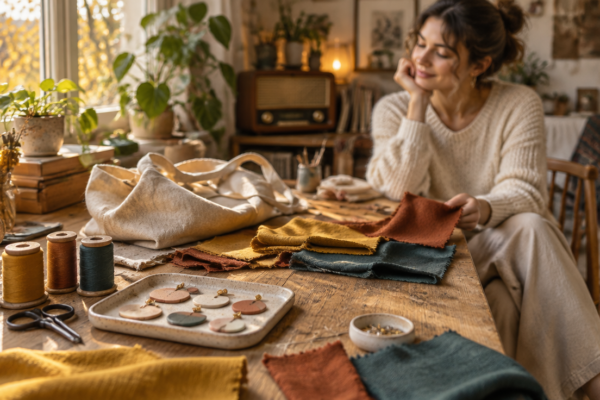 Atelier creativ de weekend cu ace, țesături colorate și accesorii handmade pe o masă de lemn, lângă un radio retro